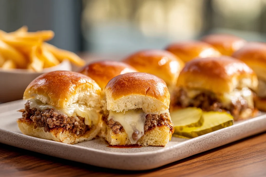 cheeseburger sliders served warm on plate with melted cheese