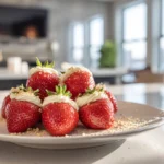 plated cheesecake stuffed strawberries on modern counter in bright kitchen