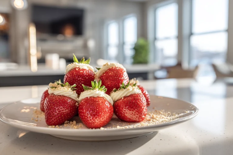 plated cheesecake stuffed strawberries on modern counter in bright kitchen
