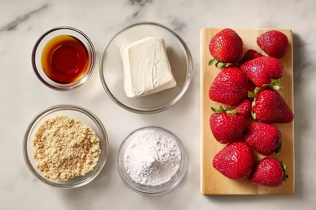 overhead view of cheesecake stuffed strawberries ingredients arranged neatly in modern kitchen