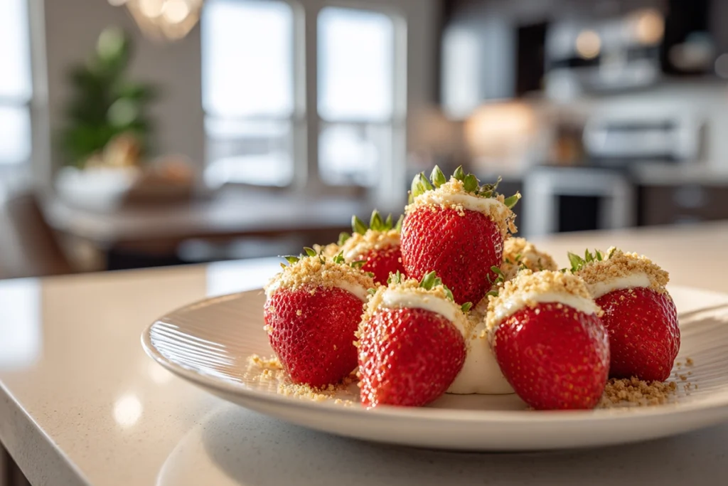 platter of cheesecake stuffed strawberries served on modern kitchen counter