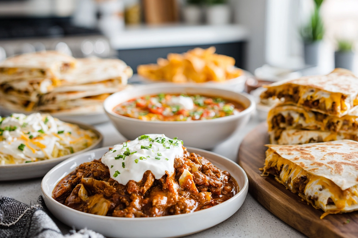 Cheesy comfort dinner recipes displayed together on a modern kitchen counter