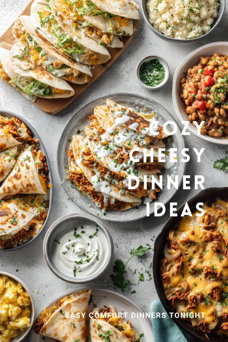 Cheesy comfort dinner recipes shown together in a realistic home kitchen setting