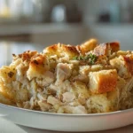 Chicken and Stuffing Casserole served on a plate with creamy chicken filling and golden stuffing topping