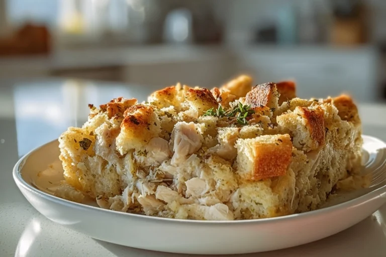 Chicken and Stuffing Casserole served on a plate with creamy chicken filling and golden stuffing topping