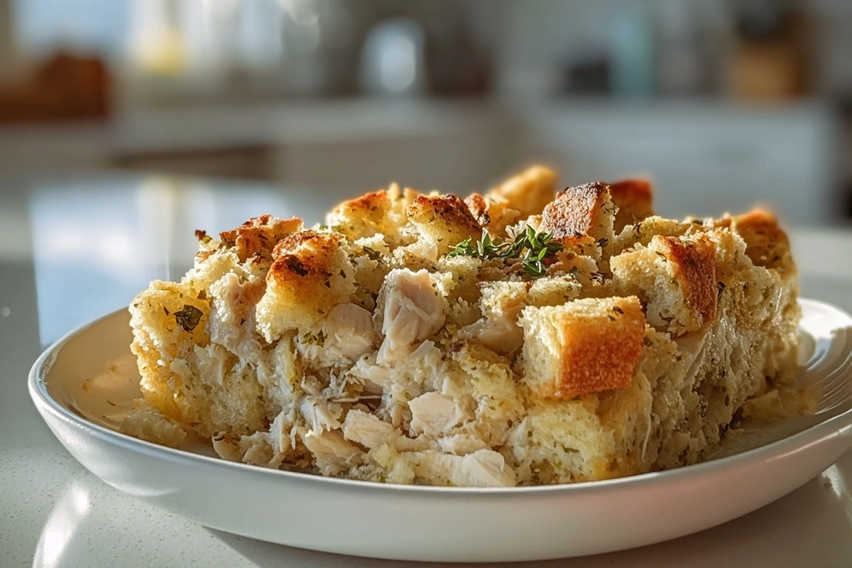 Chicken and Stuffing Casserole served on a plate with creamy chicken filling and golden stuffing topping