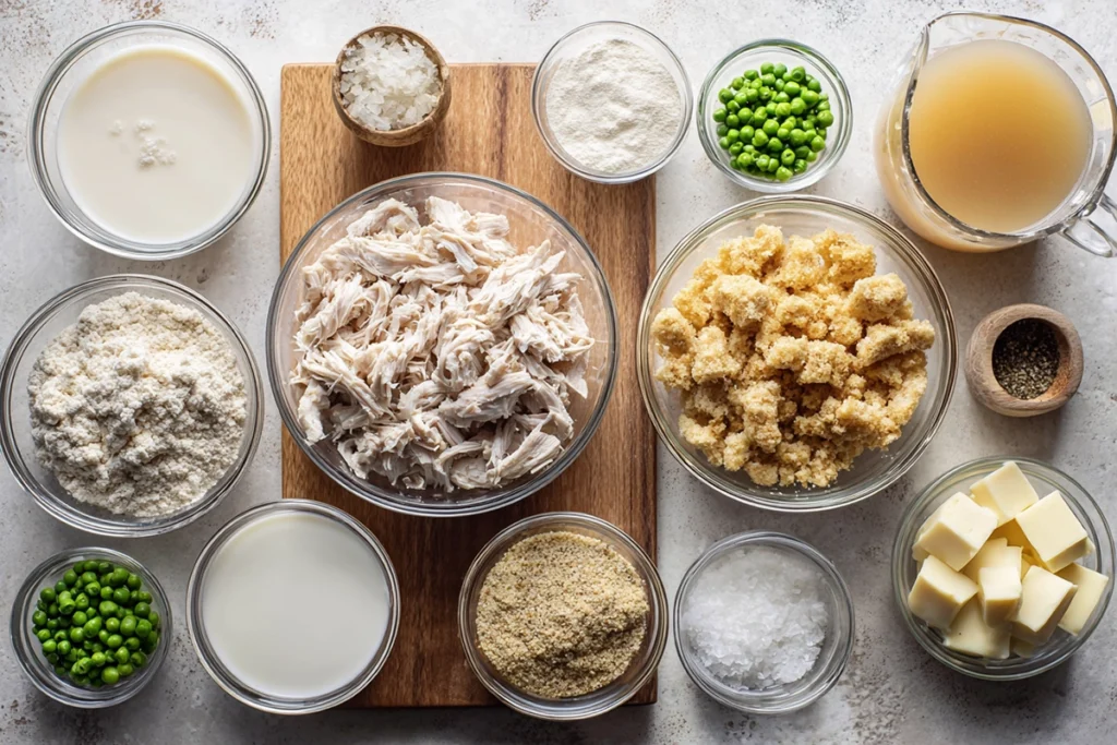 Ingredients for Chicken and Stuffing Casserole arranged overhead on a kitchen counter