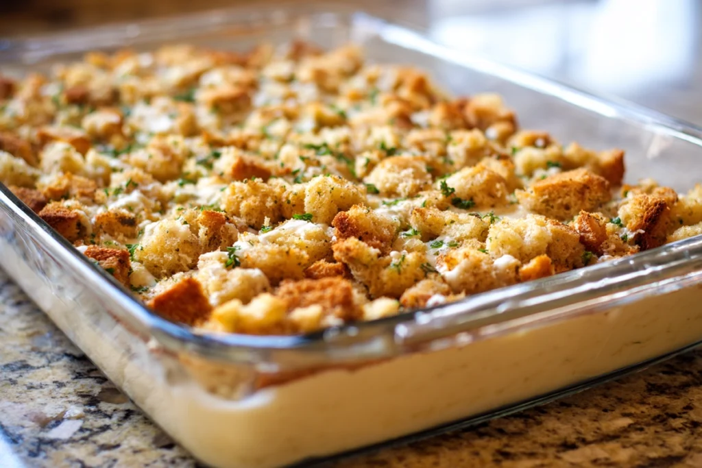 Layering stuffing on Chicken and Stuffing Casserole before baking