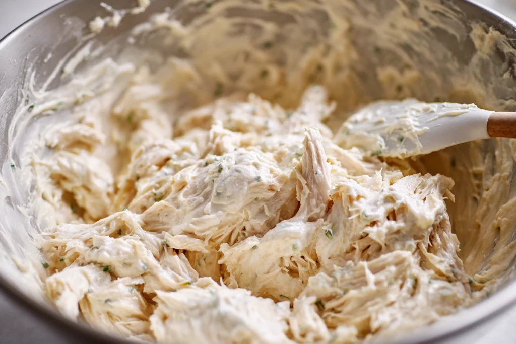 Mixing creamy chicken filling for Chicken and Stuffing Casserole in a bowl
