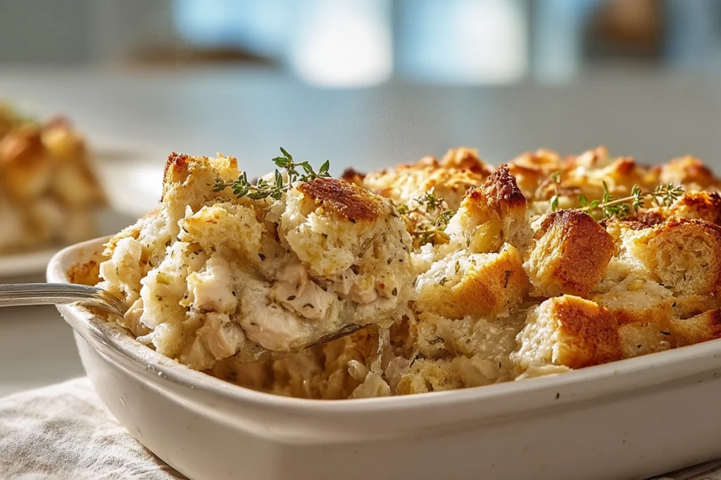 Serving a warm portion of Chicken and Stuffing Casserole with creamy filling