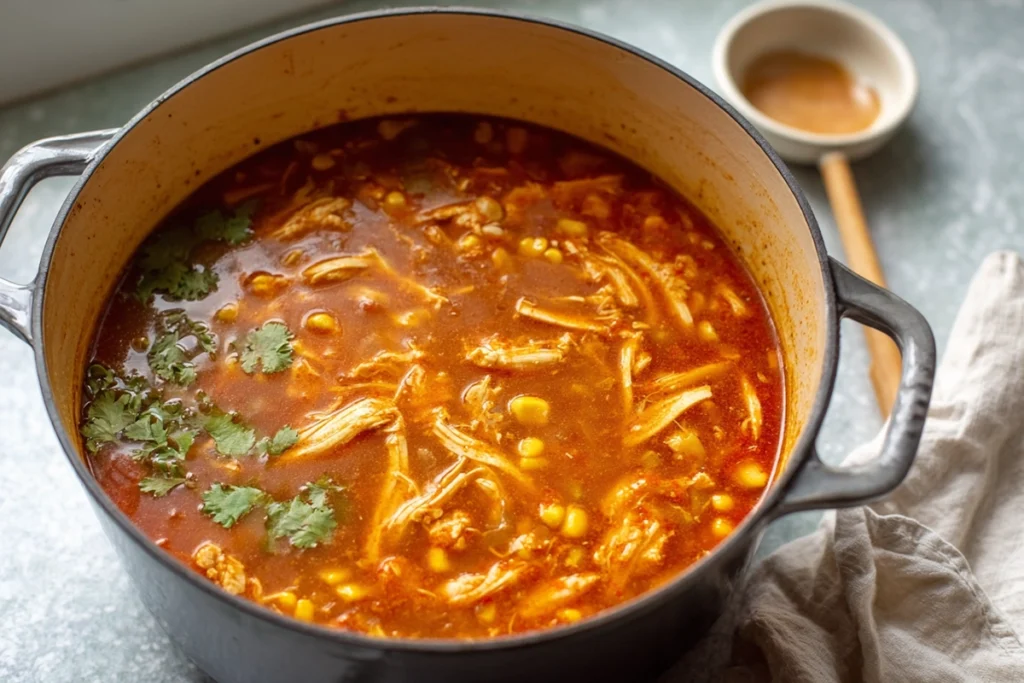 adding enchilada sauce and shredded chicken to Chicken Enchilada Soup in pot