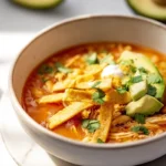 photorealistic bowl of Chicken Enchilada Soup with garnish in modern kitchen