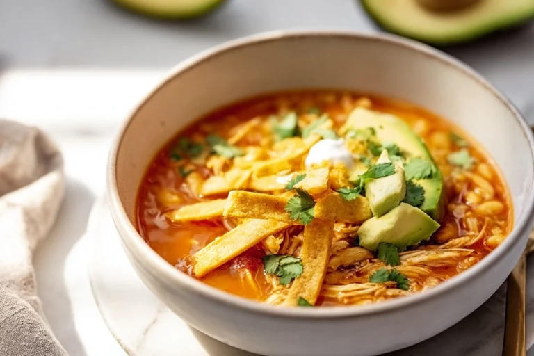 photorealistic bowl of Chicken Enchilada Soup with garnish in modern kitchen