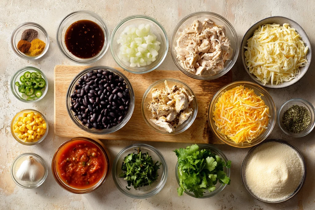 overhead flat lay of Chicken Enchilada Soup ingredients arranged neatly