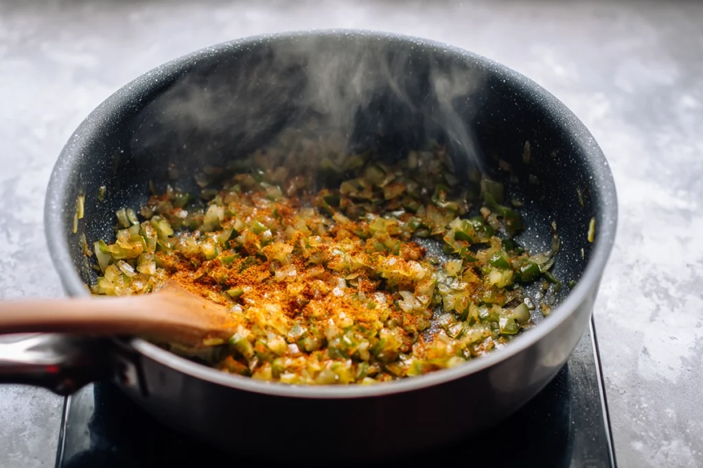 sautéing onions garlic and spices for Chicken Enchilada Soup in modern kitchen