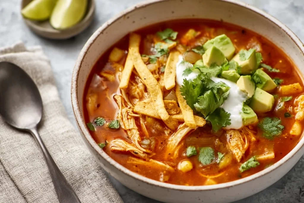 serving bowl of Chicken Enchilada Soup with garnish in bright modern kitchen