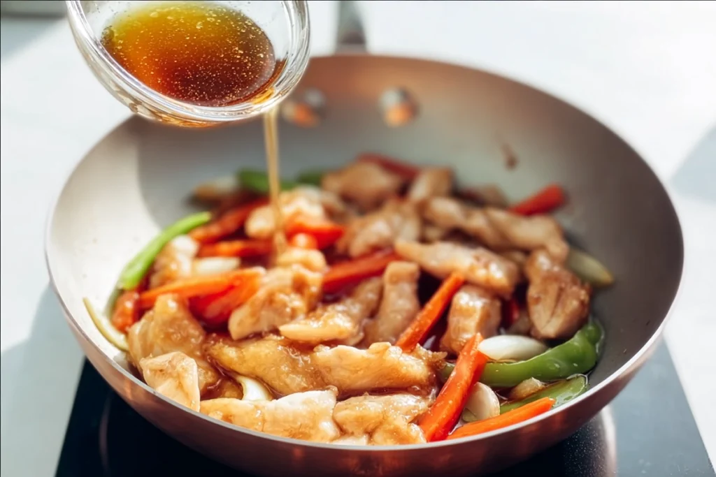 Cooking Chicken for Chicken Lo Mein in wok with vibrant ingredients