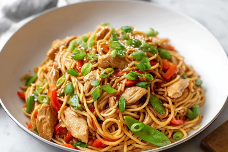 Photorealistic Chicken Lo Mein on modern plate with fresh vegetables and garnishes