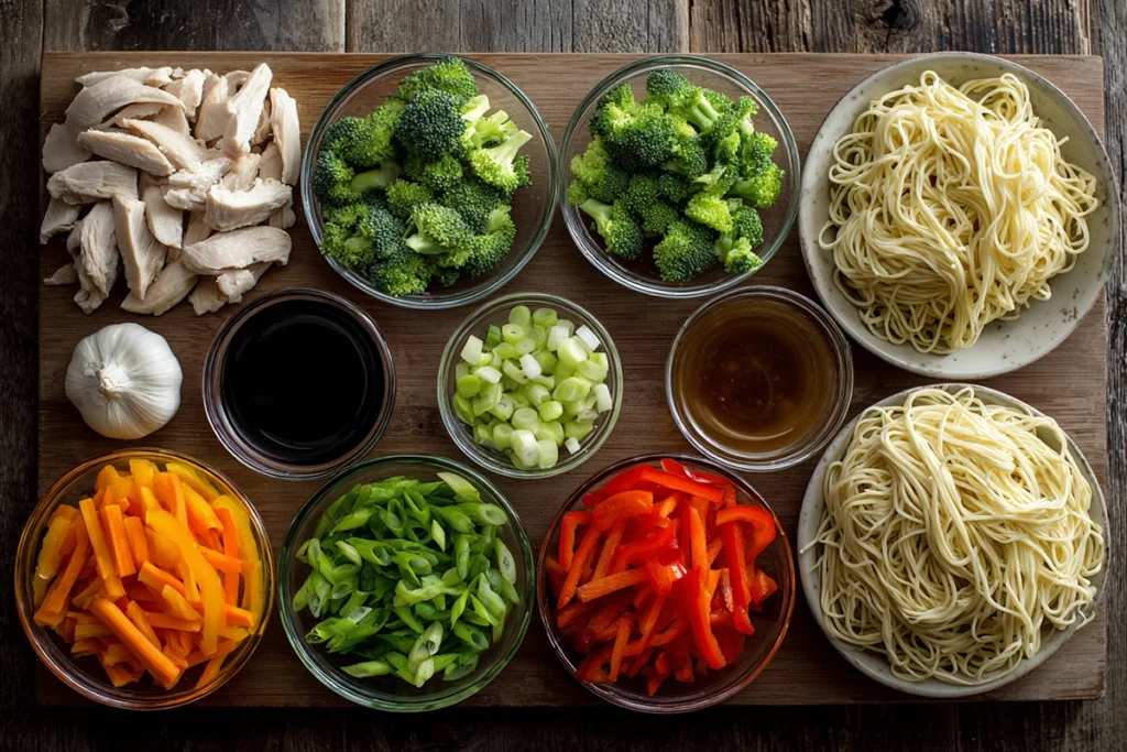 Overhead shot of Chicken Lo Mein ingredients including chicken, noodles, and vegetables