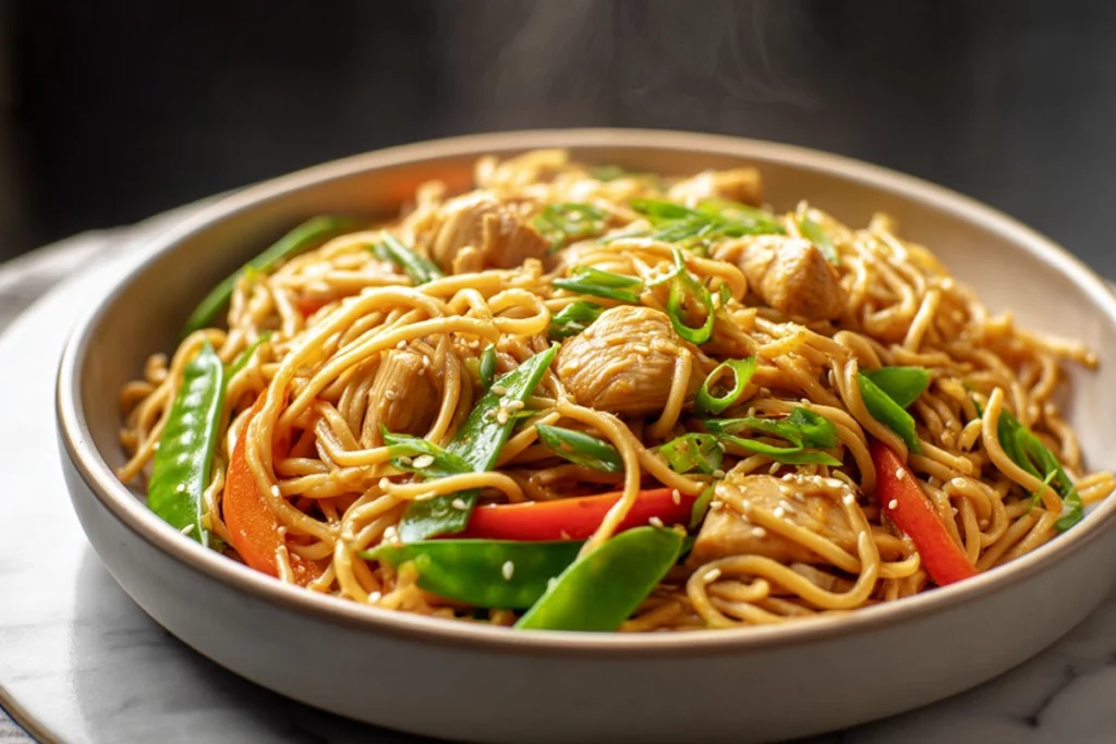 Final plated serving of Chicken Lo Mein with fresh vegetables and garnish
