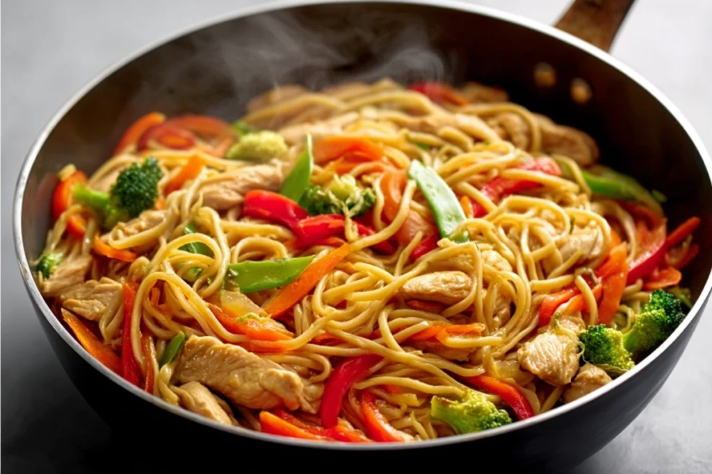 Stir-frying noodles, chicken, and vegetables for Chicken Lo Mein in a wok