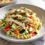 Chicken Pasta Primavera plated with vegetables and chicken in a modern kitchen