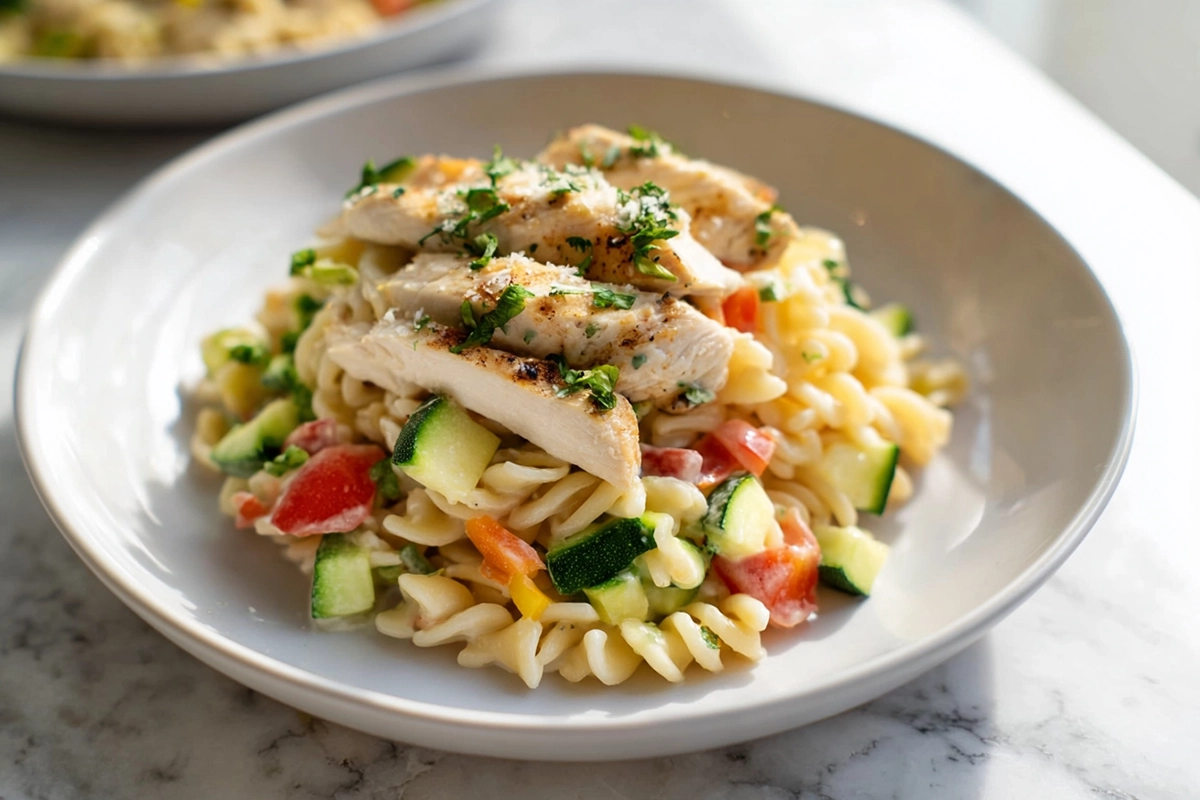 Chicken Pasta Primavera plated with vegetables and chicken in a modern kitchen