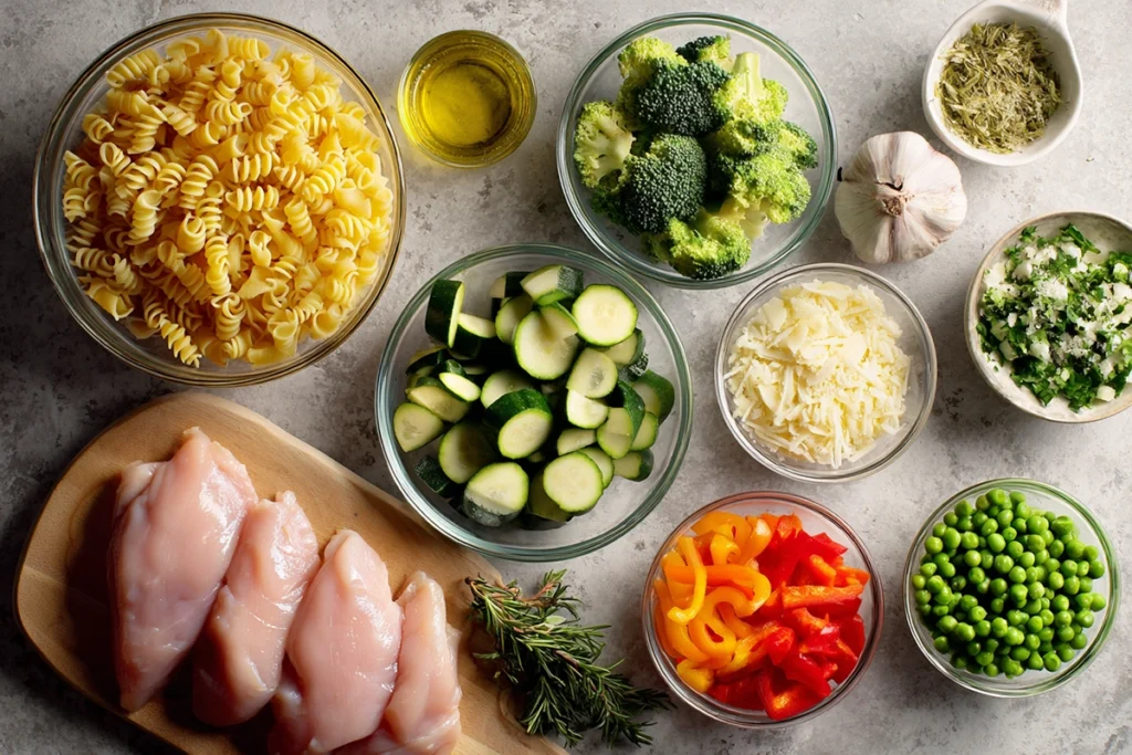 Ingredients for Chicken Pasta Primavera arranged neatly on a kitchen counter
