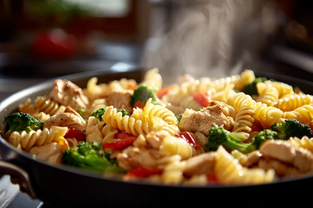 Pasta, chicken, and vegetables combined for Chicken Pasta Primavera