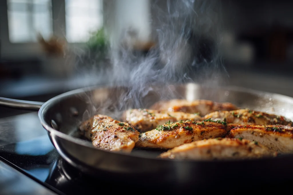 Chicken being sautéed for Chicken Pasta Primavera in a modern skillet