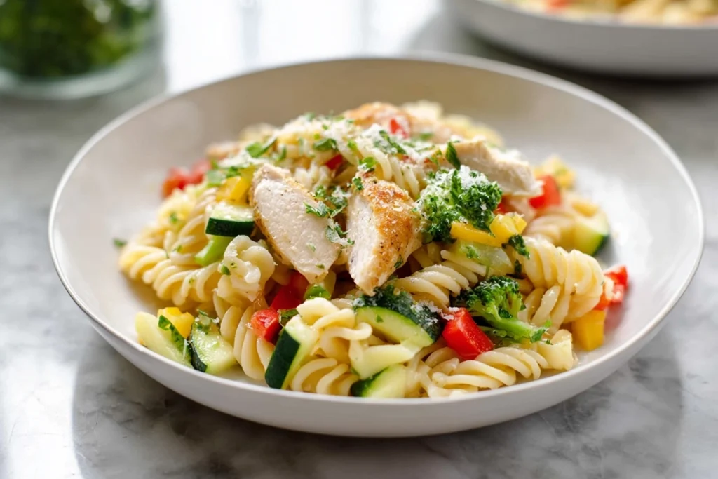 Served Chicken Pasta Primavera ready to eat on a modern plate