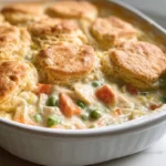 Chicken Pot Pie Casserole with golden biscuits baked in a creamy filling