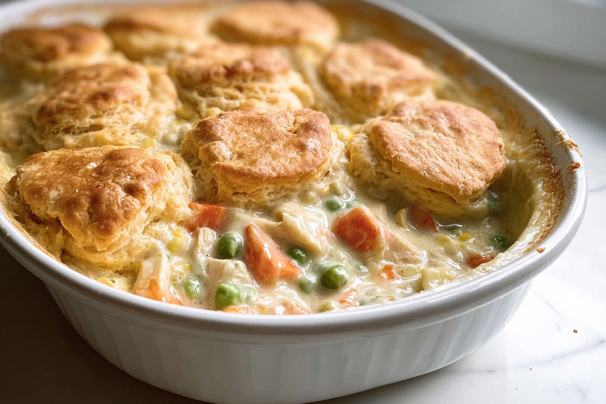 Chicken Pot Pie Casserole with golden biscuits baked in a creamy filling