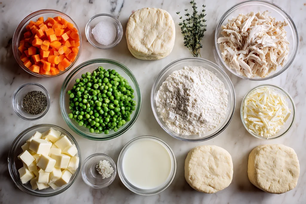 Chicken Pot Pie Casserole ingredients arranged on a kitchen counter