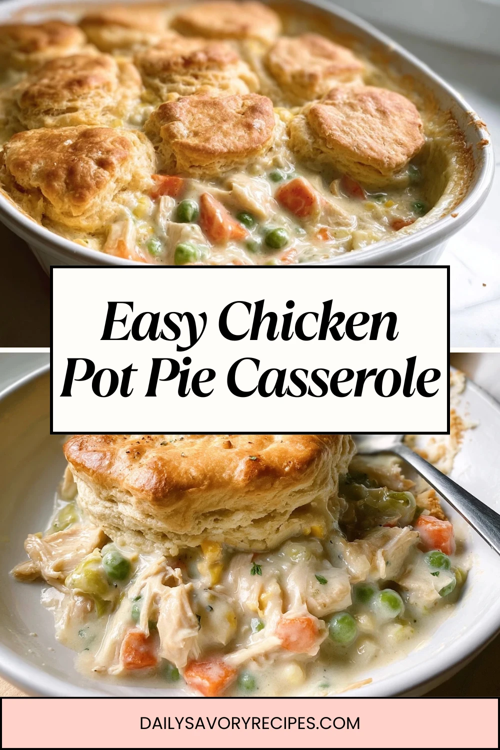 Chicken Pot Pie Casserole with golden biscuits baked over a creamy chicken and vegetable filling in a classic comfort food casserole