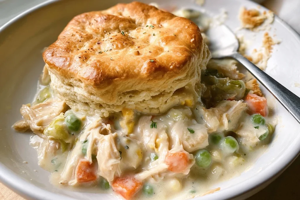 Chicken Pot Pie Casserole sliced open showing creamy filling