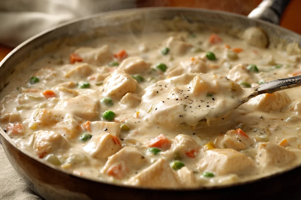 Thickened Chicken Pot Pie Casserole filling ready for baking