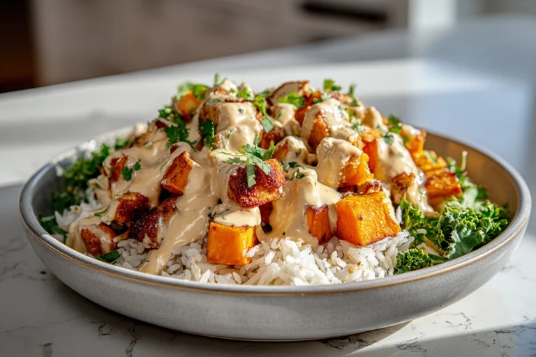 chicken sweet potato bowls with roasted sweet potatoes, chicken, rice, and creamy sauce