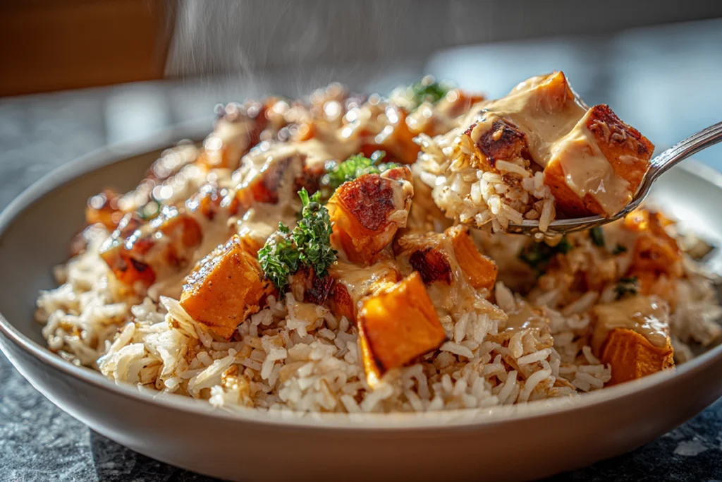 close-up serving of chicken sweet potato bowls with creamy sauce