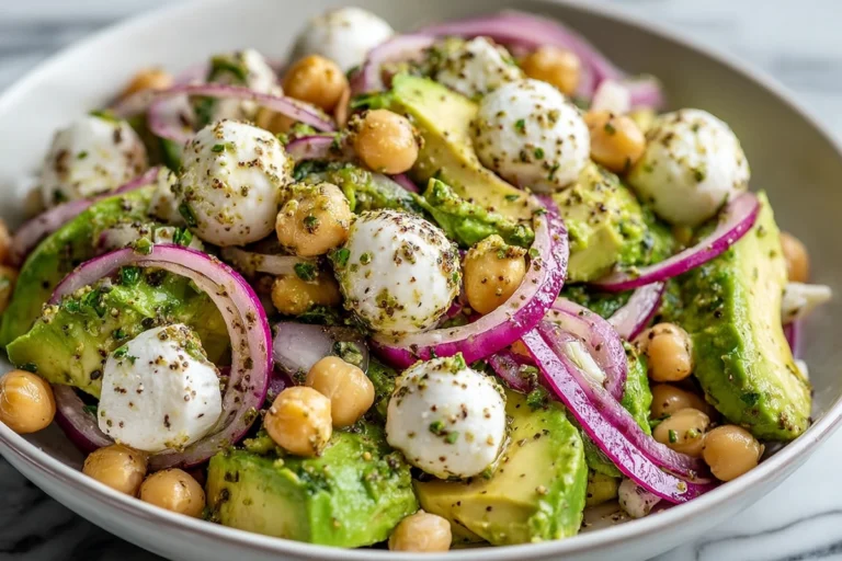 Chickpea Feta Avocado Salad served fresh on a plate in a bright home kitchen