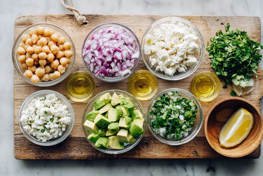 Ingredients for Chickpea Feta Avocado Salad arranged neatly on a kitchen counter