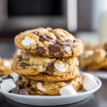 finished chocolate chip s’mores cookies stacked on plate in modern kitchen