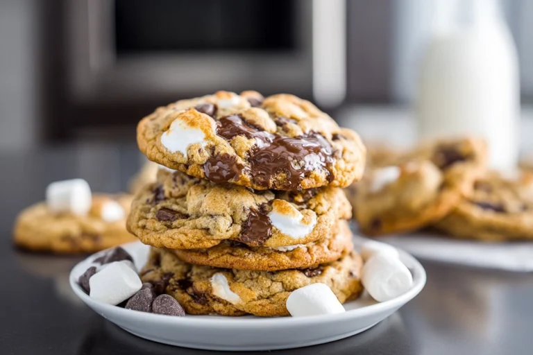 finished chocolate chip s’mores cookies stacked on plate in modern kitchen