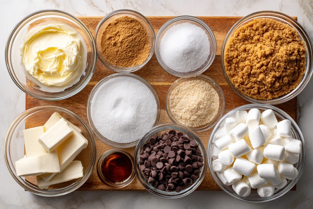overhead layout of chocolate chip s’mores cookies ingredients in glass bowls