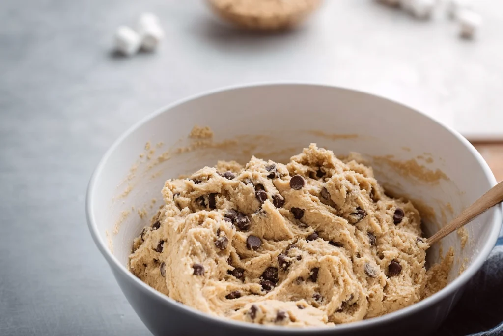 cookie dough with chocolate chips and marshmallows being mixed for s’mores cookies