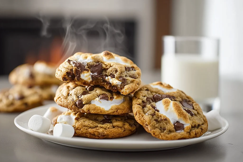plated chocolate chip s’mores cookies with gooey centers on modern kitchen counter