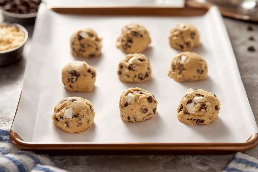 shaped chocolate chip s’mores cookie dough balls on baking sheet