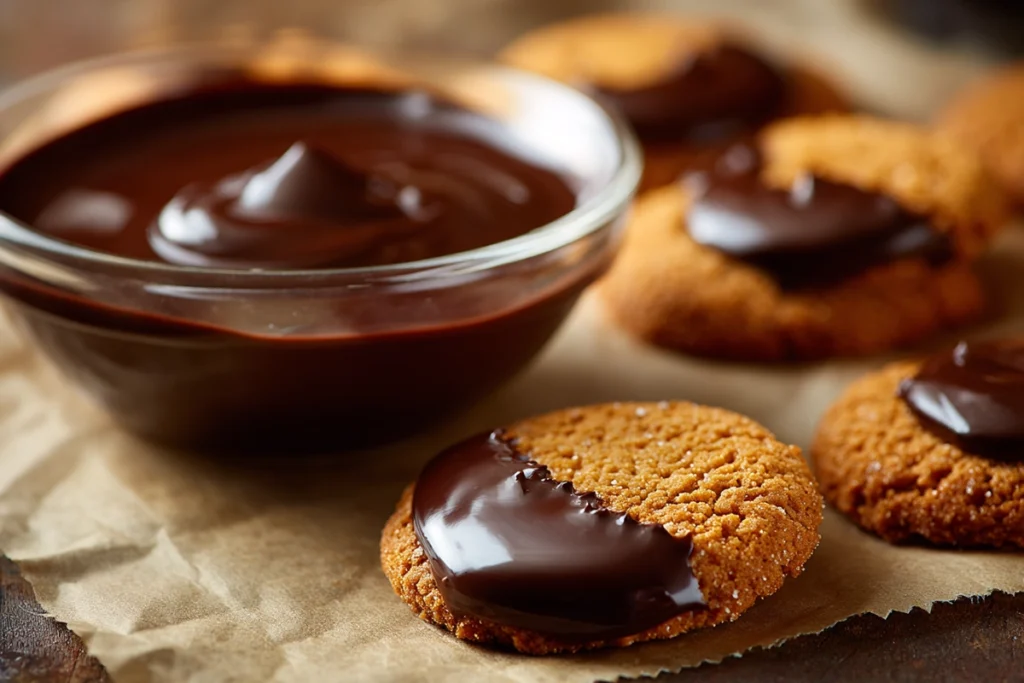 Dipping Chocolate Covered Strawberry Cookies in melted chocolate