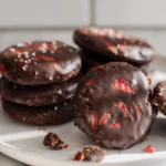Chocolate Covered Strawberry Cookies on a plate with glossy chocolate coating