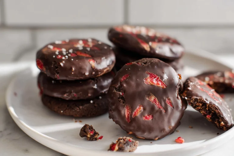 Chocolate Covered Strawberry Cookies on a plate with glossy chocolate coating